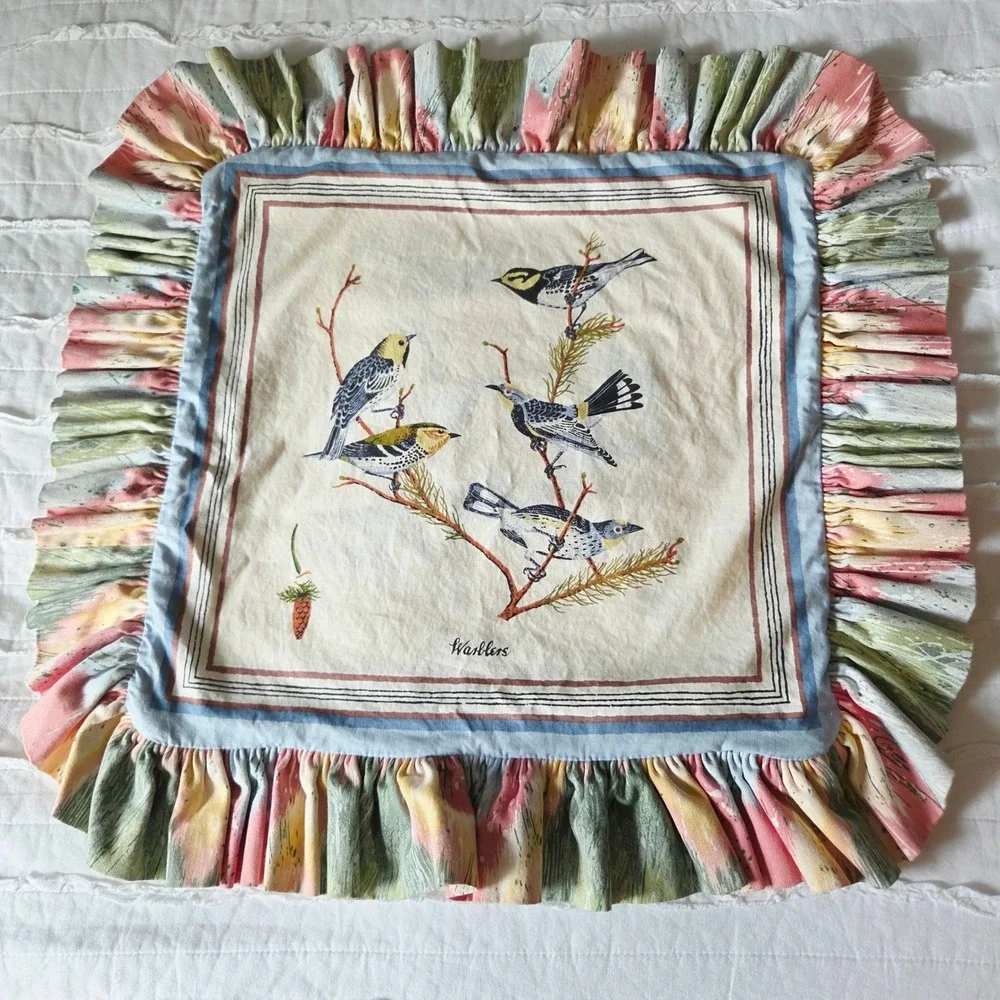 Handmade Warblers Bird Pillow Sham 22x22 Ruffle Cottagecore Nature Print Zipper